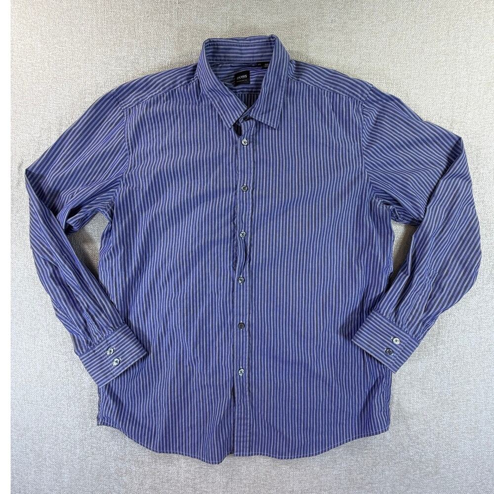 BOSS Hugo Boss Mens 2XL Blue White Striped Regular Fit Button Front Shirt Casual